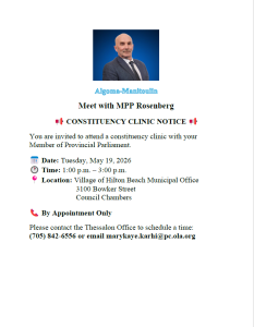 Flyer for MPP Rosenberg Constituency Clinic on Tuesday, May 19 from 1:00 to 3:00