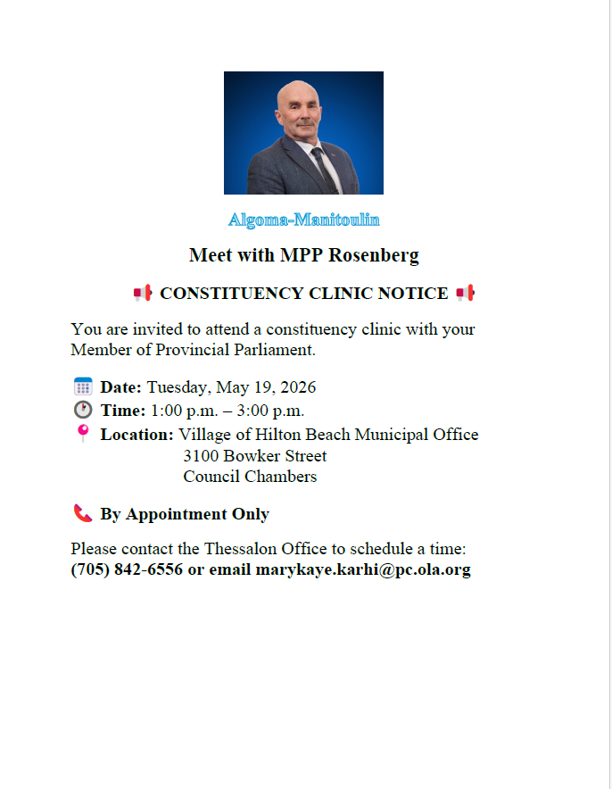 Flyer for MPP Rosenberg Constituency Clinic on Tuesday, May 19 from 1:00 to 3:00