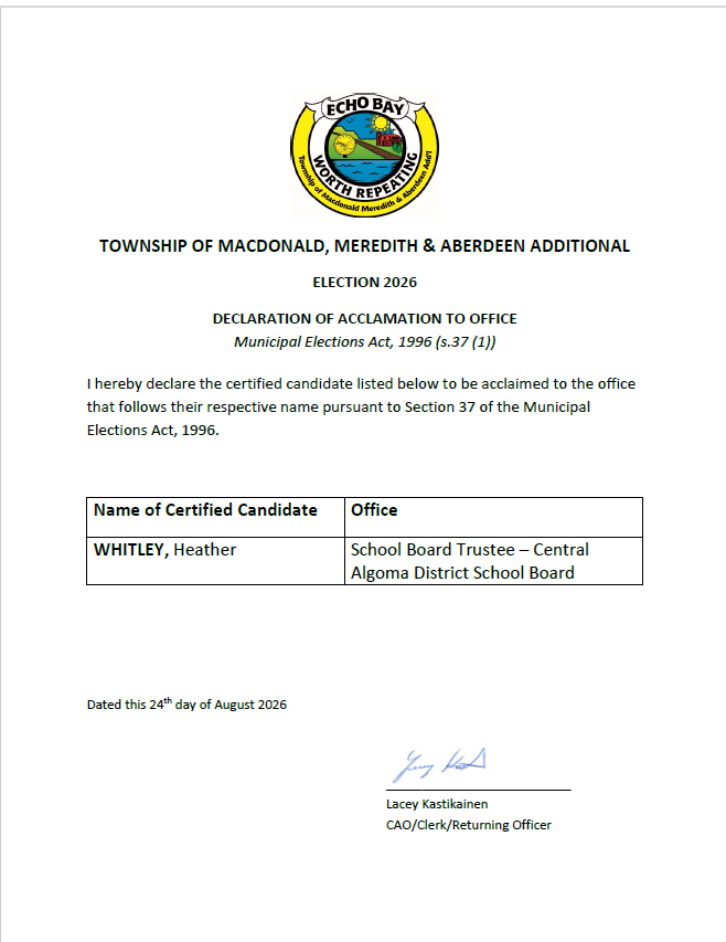 Notice that Heather Whitley has been acclaimed as Central Algoma District School Board Trustee